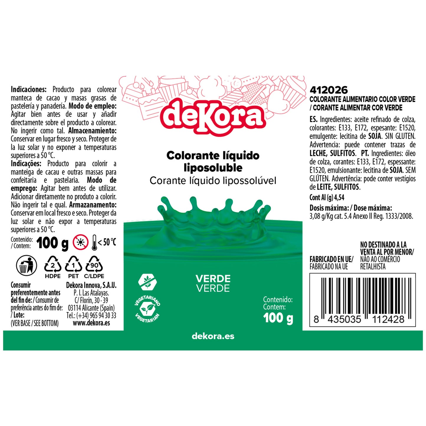 CORANTE ALIMENTAR LÍQUIDO LIPOSSOLÚVEL VERDE 100 GR
