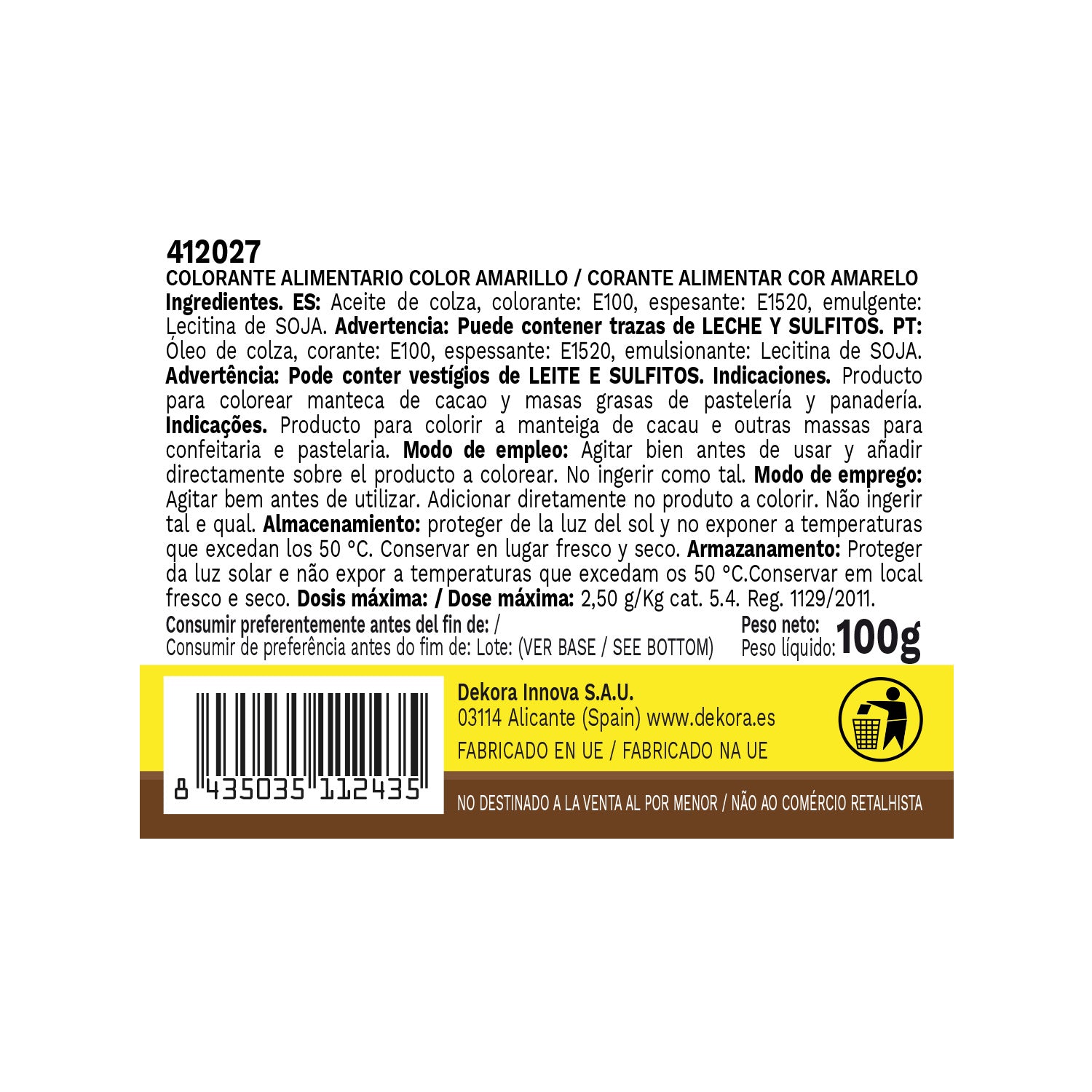 COLORANTE ALIMENTARIO LÍQUIDO LIPOSOLUBLE AMARILLO 100 GR