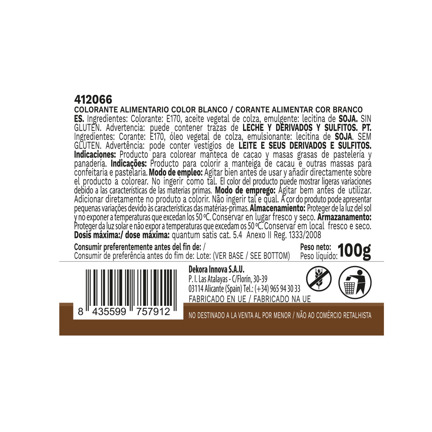 CORANTE ALIMENTAR LÍQUIDO LIPOSSOLÚVEL BRANCO 100GR E171 FREE