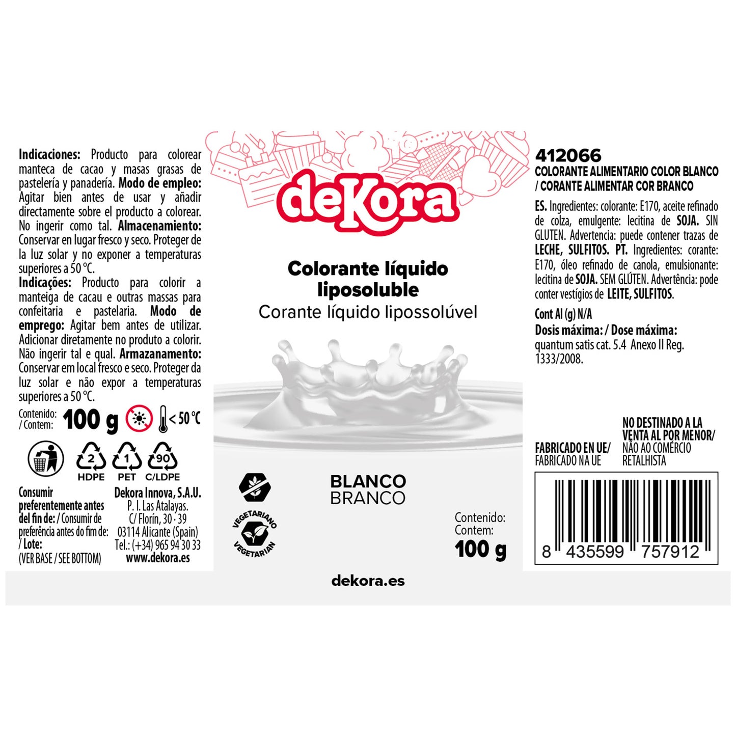 COLORANTE ALIMENTARIO LÍQUIDO LIPOSOLUBLE BLANCO 100GR SIN E171
