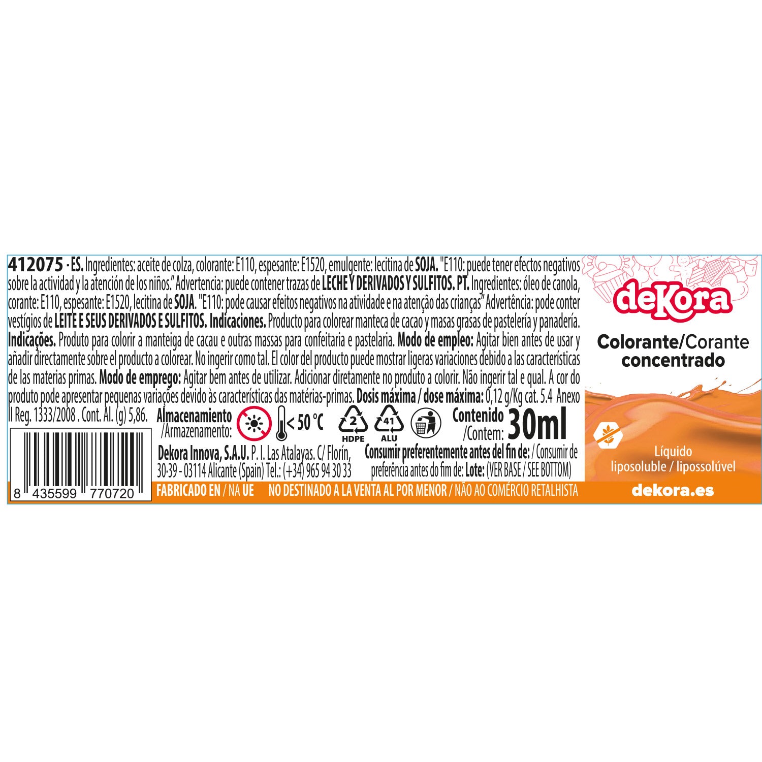 COLORANT CONCENTRÉ LIQUIDE ORANGE LIPOSOLUBLE 30ML