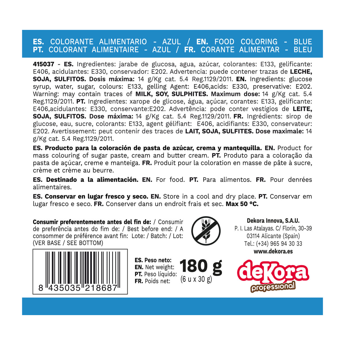 6 WATER-SOLUBLE GEL FOOD COLOURS BLUE 30G AZF