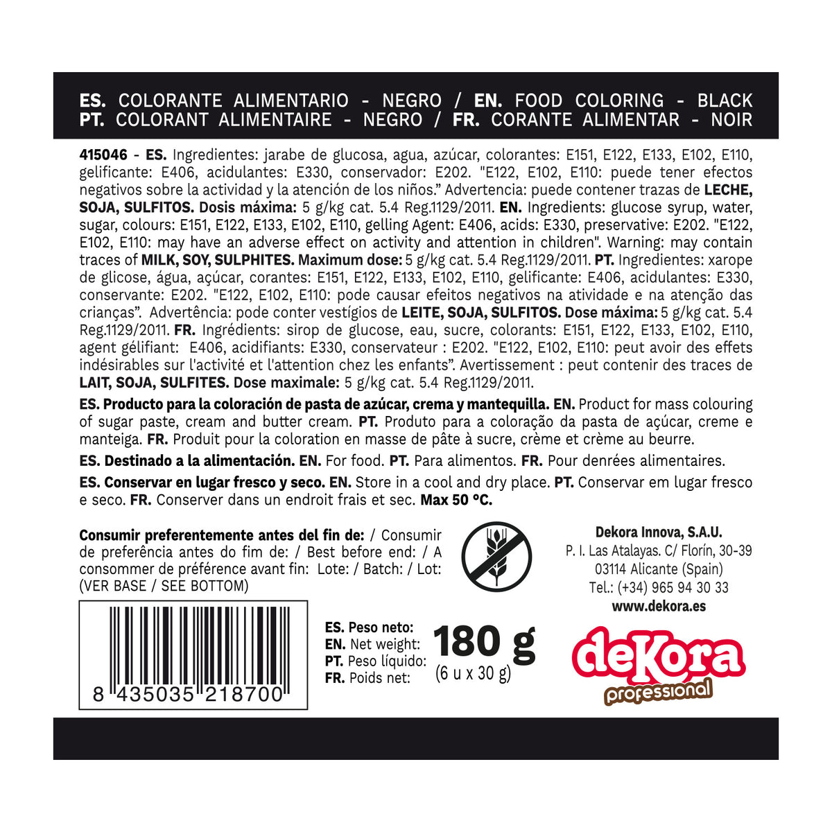 6 COLORANTS ALIMENTAIRES EN GEL HYDROSOLUBLES NOIRS 30G