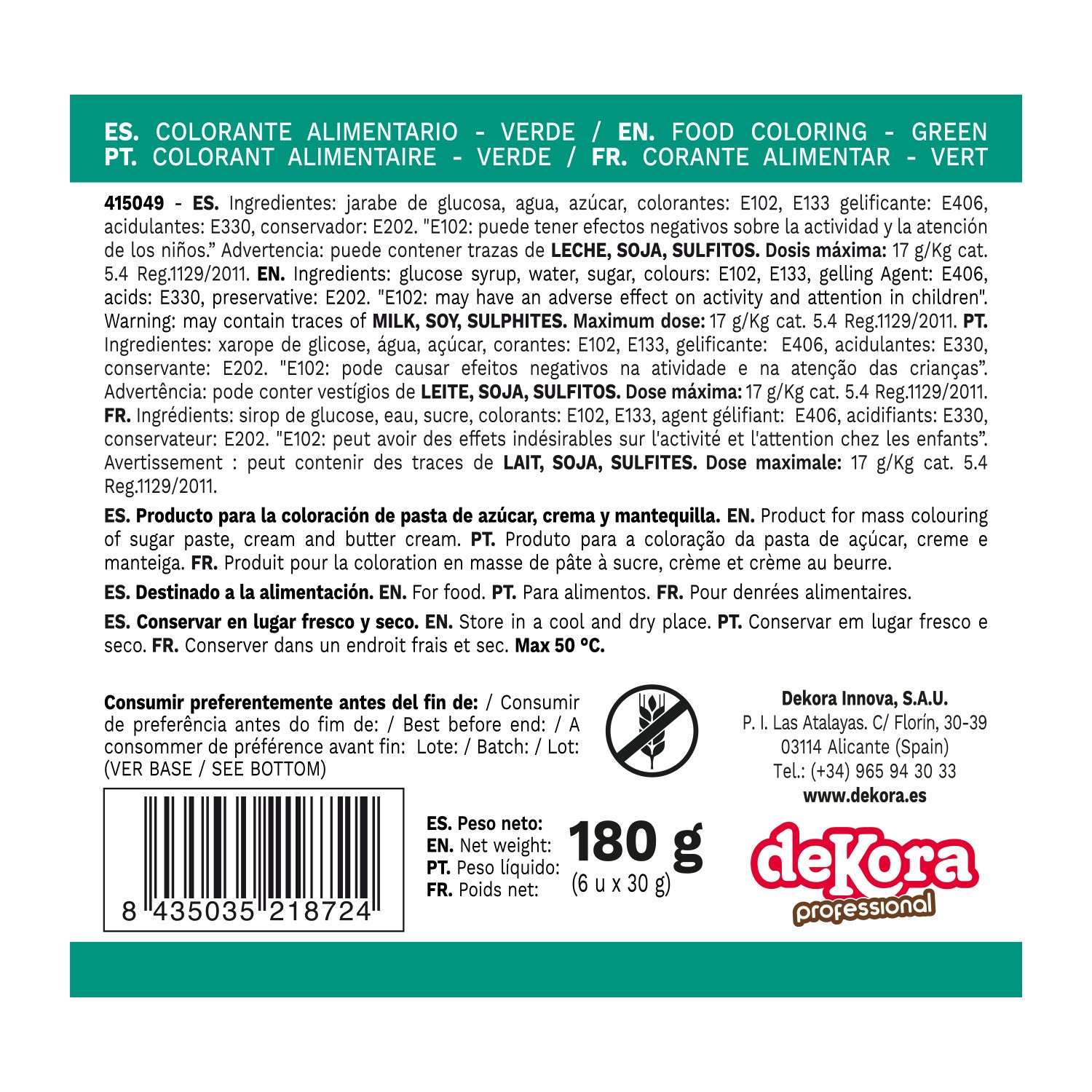 6 COLORANTE EN PASTA VERDE 30G
