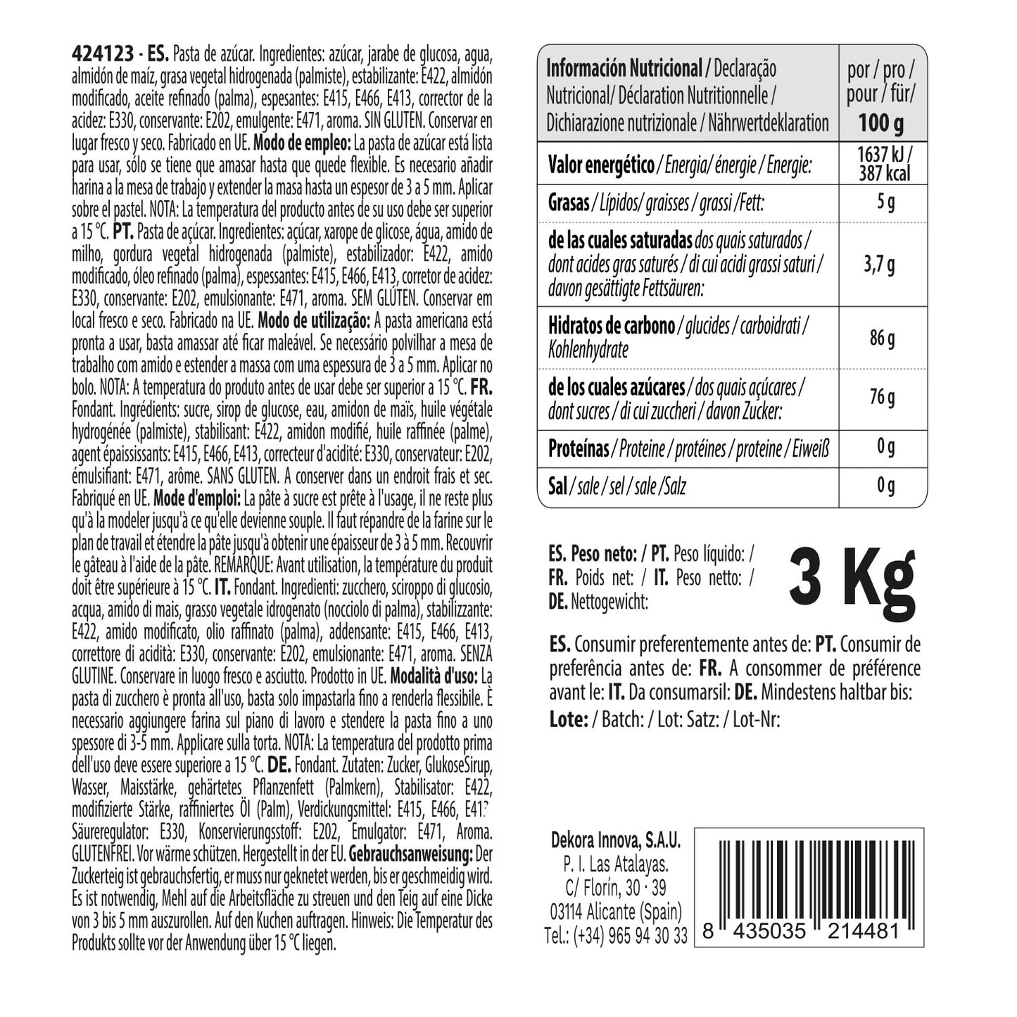 PÂTE À SUCRE BLANCHE À MODELER 3KG