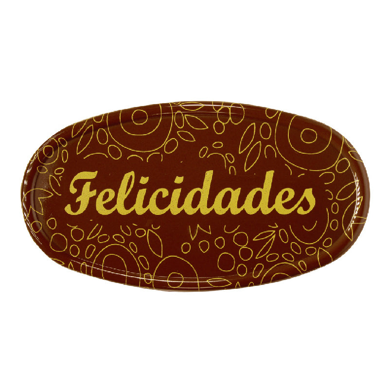 "ÉCRITEAU OVALE EN CHOCOLAT ""FELICIDADES"" 90x50 mm"