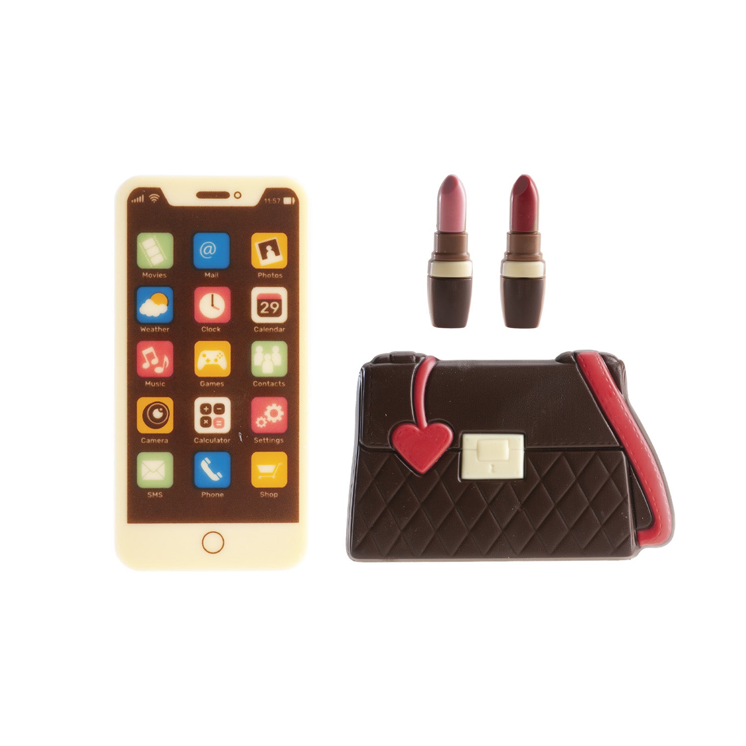 DECORACIÓN CHOCOLATE KIT BOLSO Y MAQUILLAJE 4 PZS