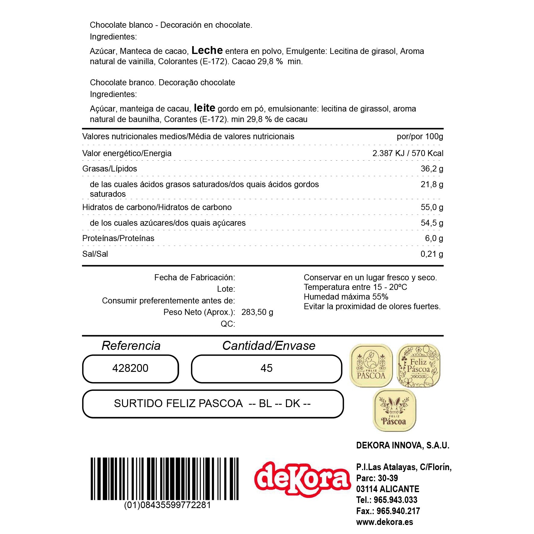 PLACA CHOCO BLANCO FELIZ PASCUA PORTUGAL 49 X 49 MM 45 UDS