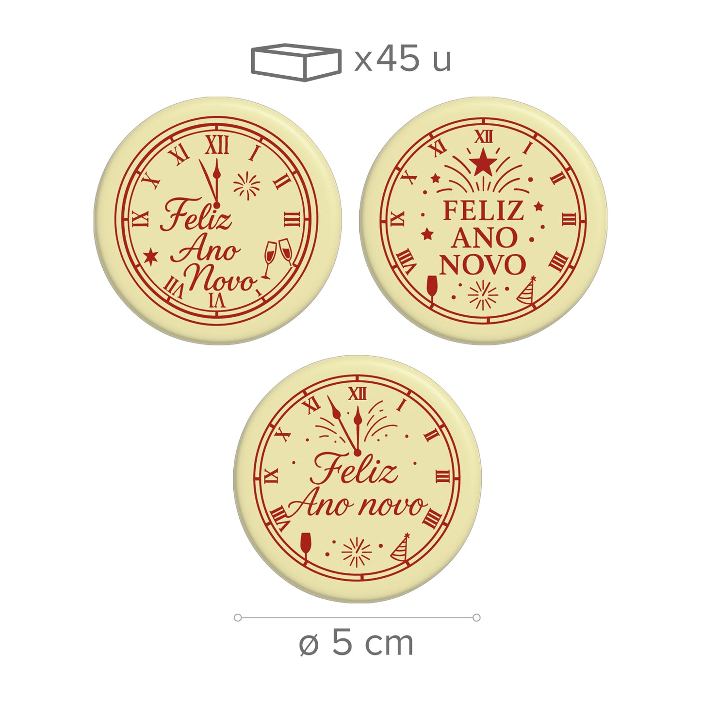 ASSORTIMENT DE CHOCOLAT BLANC FELIZ ANO NOVO Ø5CM - 45 UNITÉ