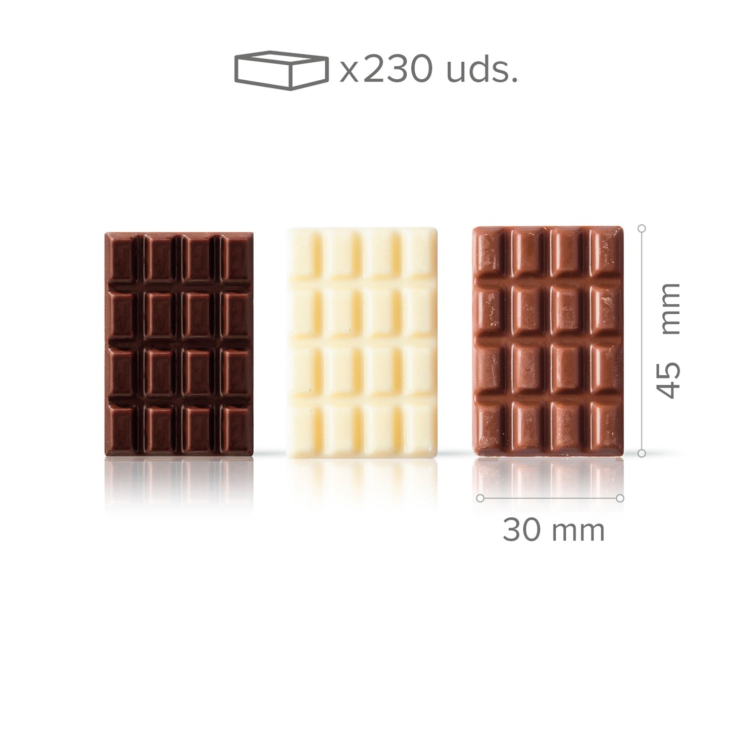  BARRAS DE CHOCOLATE TRÊS CHOCOLATES 30X45 MM - 230 UNIDADES