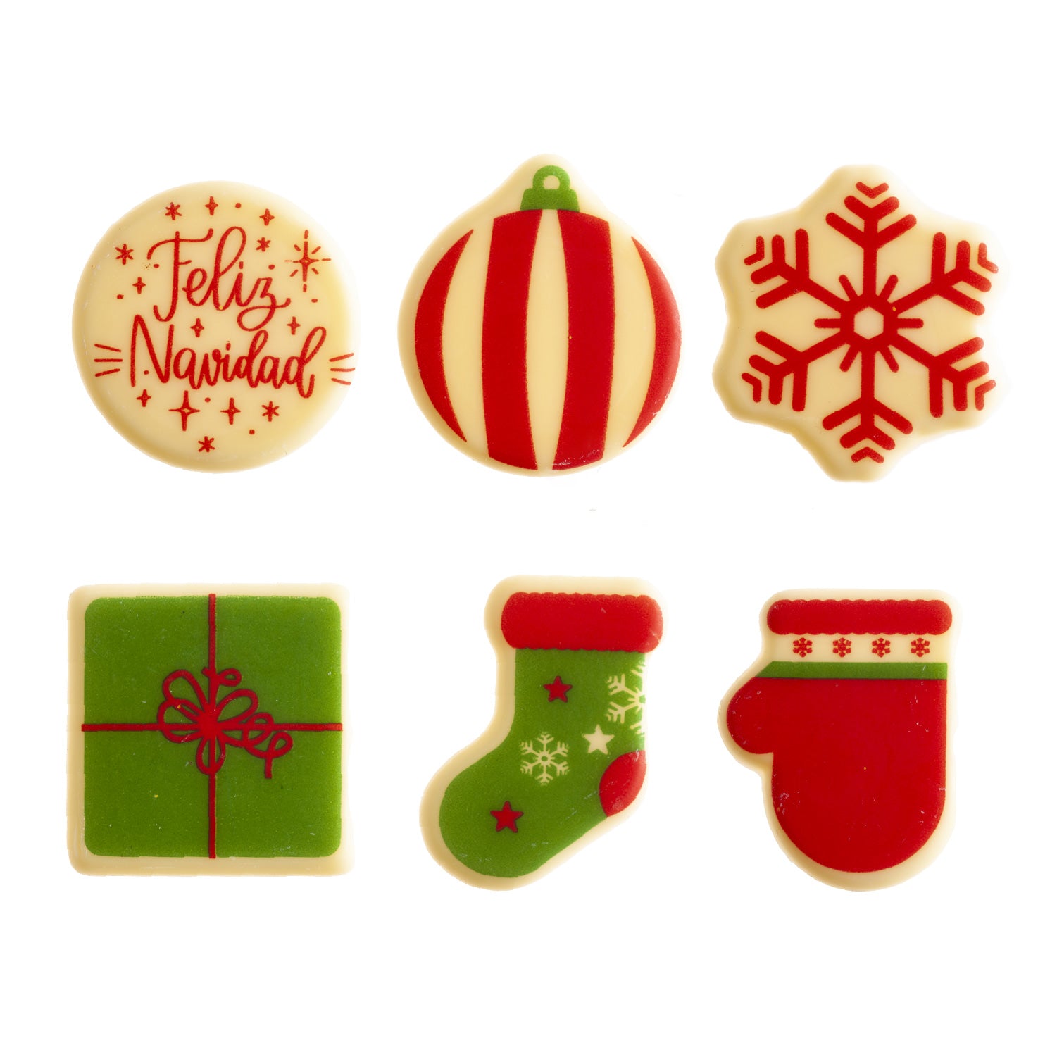 DECORAZIONE CIOCCOLATO BIANCO ASSORTITO ROSSO E VERDE 6 MODELLI 48 UNITÀ