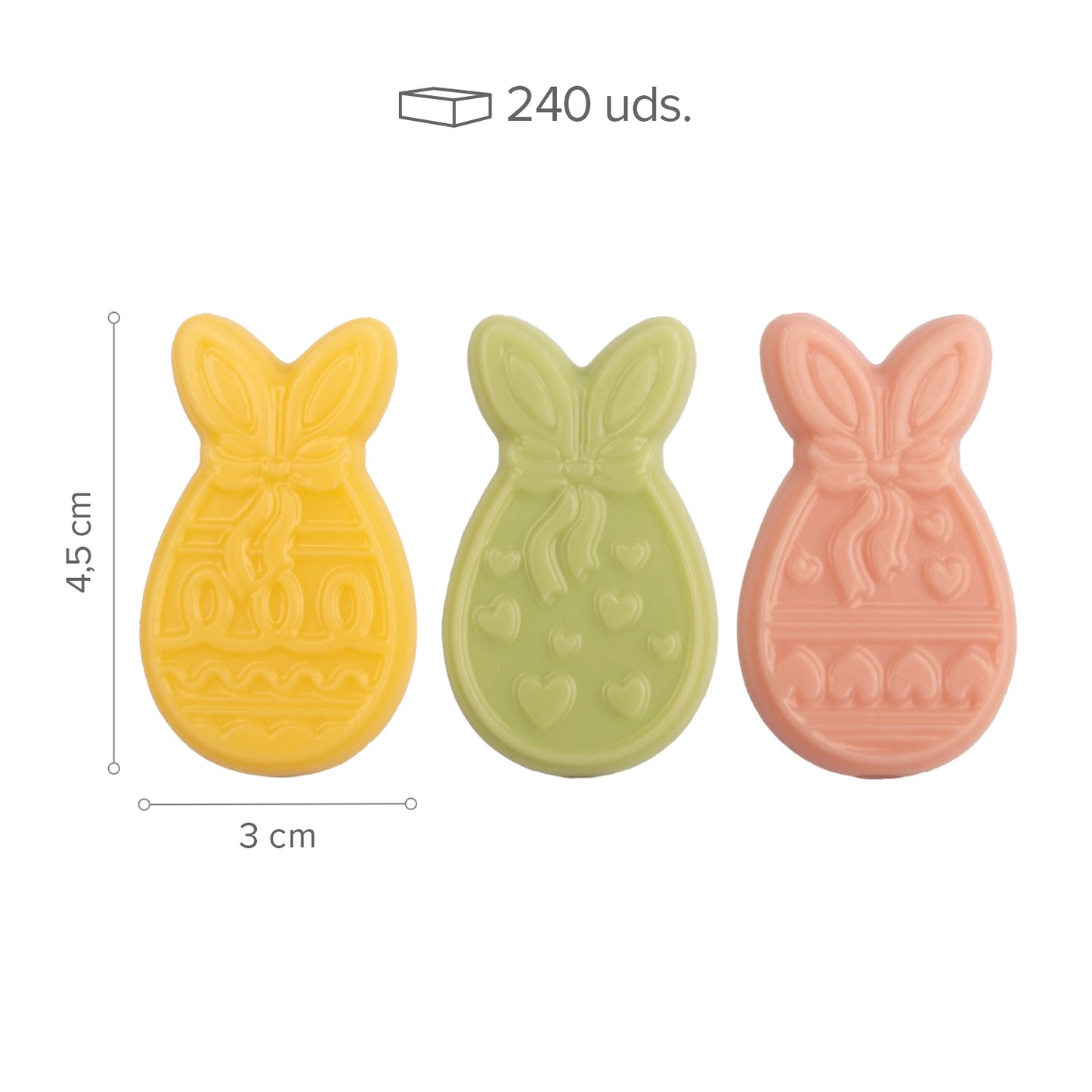 WHITE CHOCO DECOR ASSORT RABBITS PASTEL 3MOD 240PCS