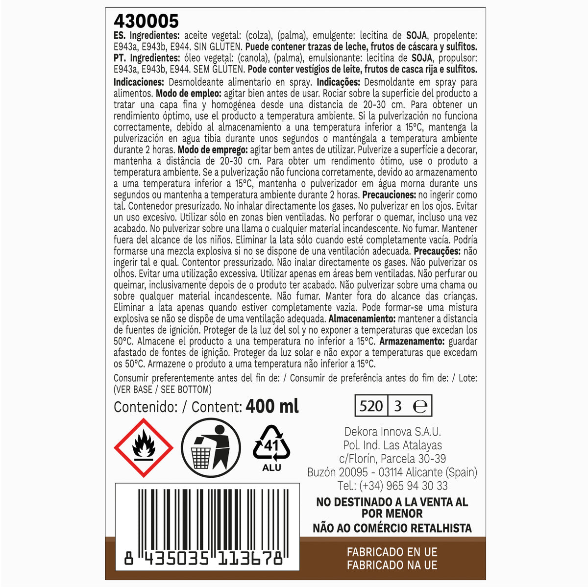 SPRAY ANTIADERENTE PER SFORMARE 400ML