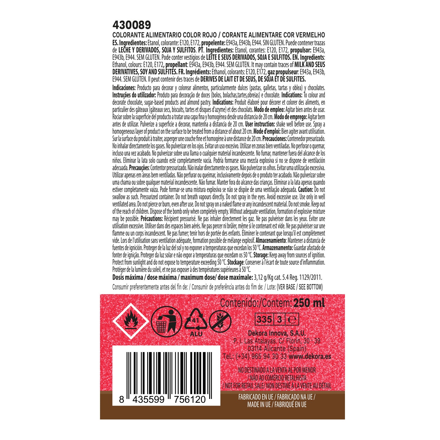 SPRAY ALIMENTAIRE ROUGE EFFET PERLE 250ML E171 FREE