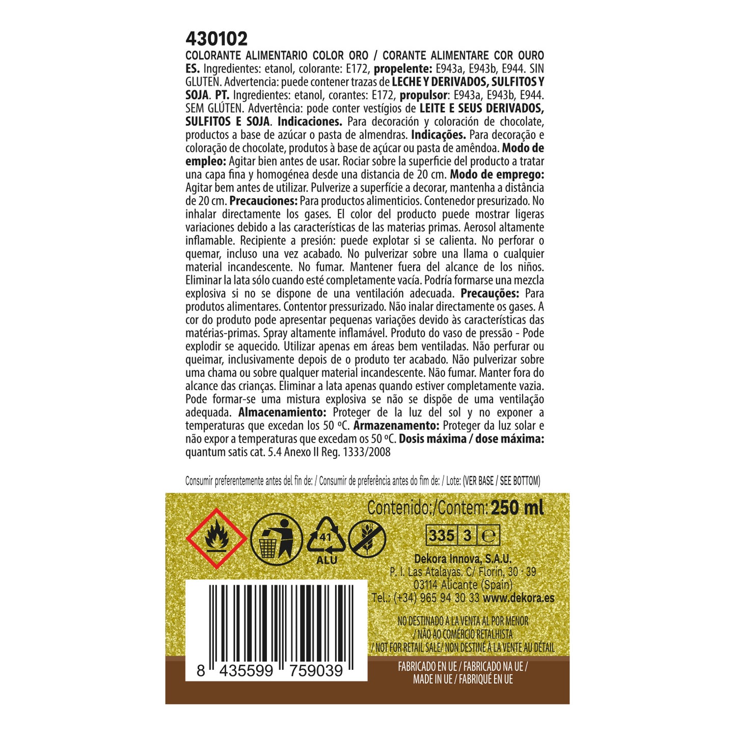 SPRAY ALIMENTAIRE OR EFFET PERLE 250ML