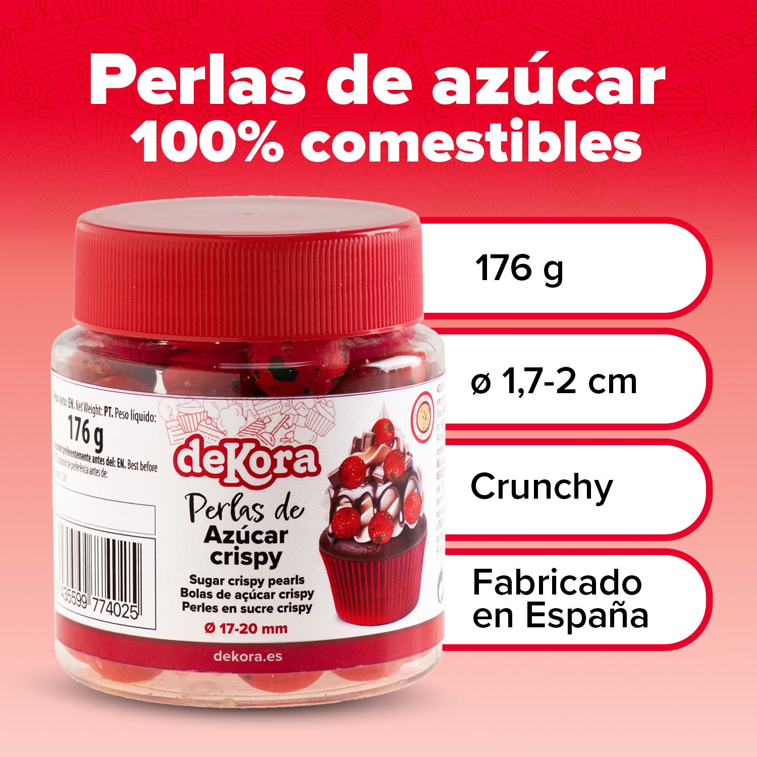 PÉROLAS DE AÇÚCAR CROCANTES VERMELHAS, VERDES, BRANCAS Ø1,7-2CM 176G