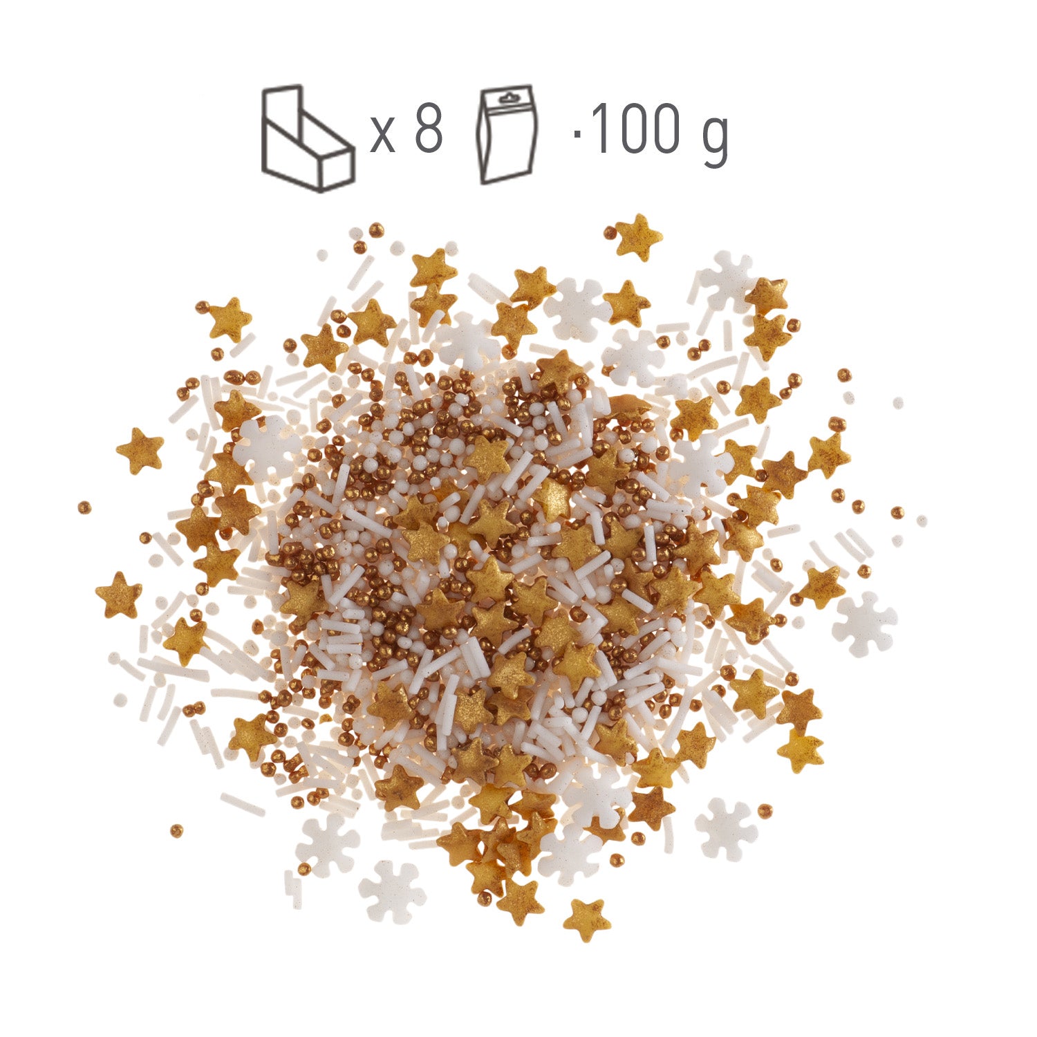 SPRINKLE MISTURA DE FLOCOS DE NEVE E ESTRELAS BRANCO E DOURADO 100GR