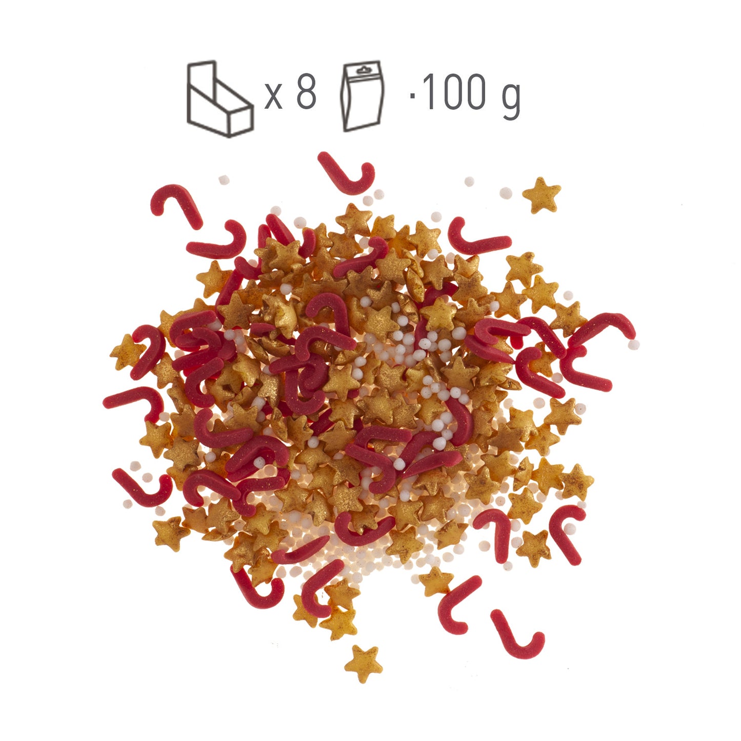 SPRINKLE MISTURA DE CONFETTIS ESTRELAS DOURADAS E PAUS VERMELHOS 100G