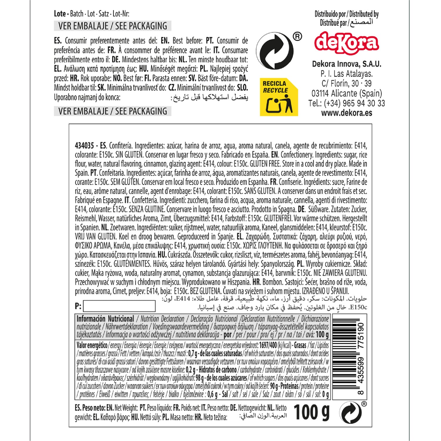 DECORACIÓN DE AZÚCAR DEKOCRUNCHIES SABOR CANELA 100G