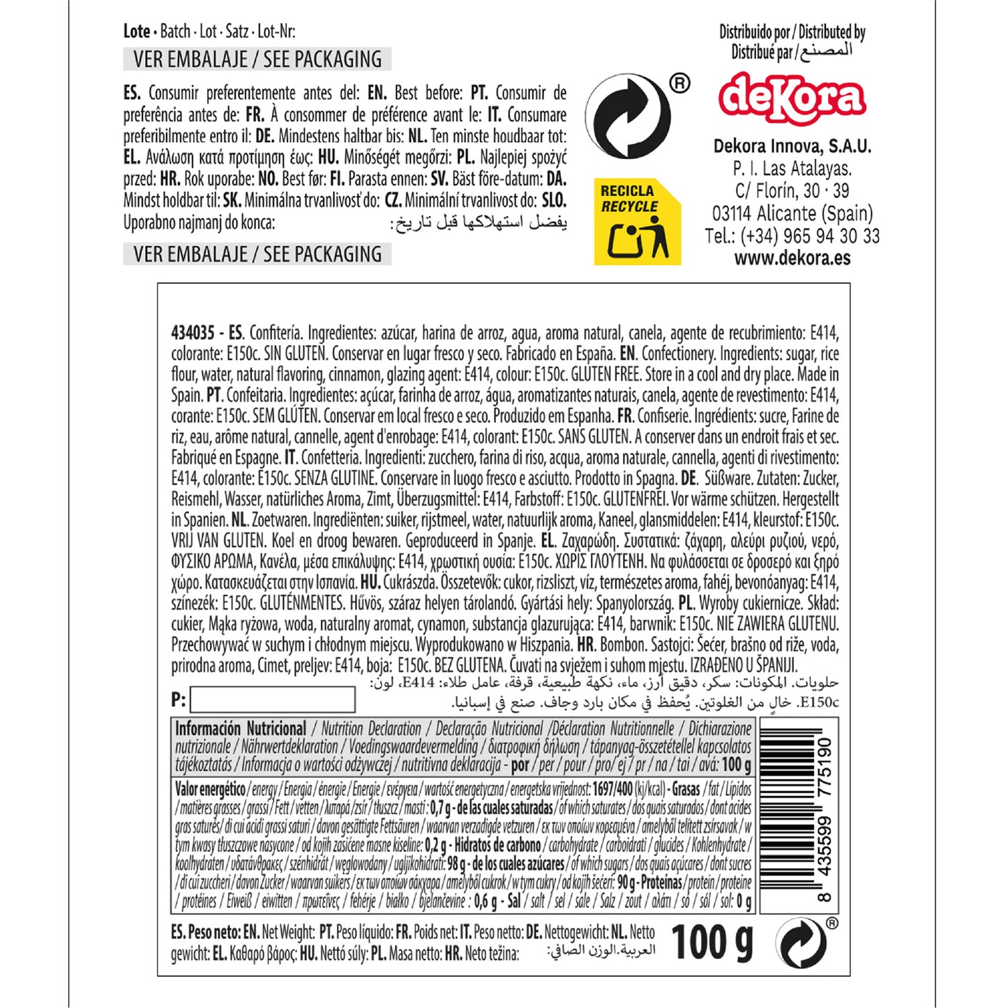 DECORACIÓN DE AZÚCAR DEKOCRUNCHIES SABOR CANELA 100G