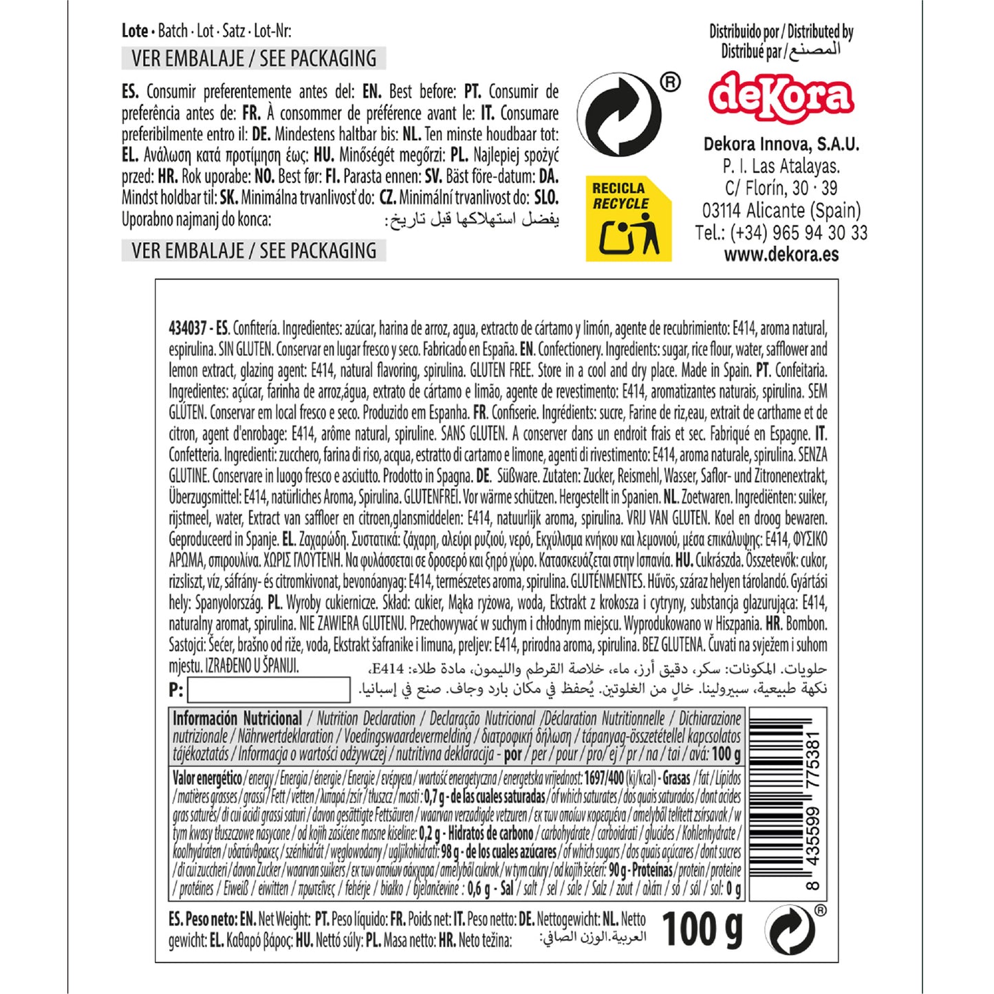 DECORACIÓN DE AZÚCAR DEKOCRUNCHIES SABOR PISTACHO 100G