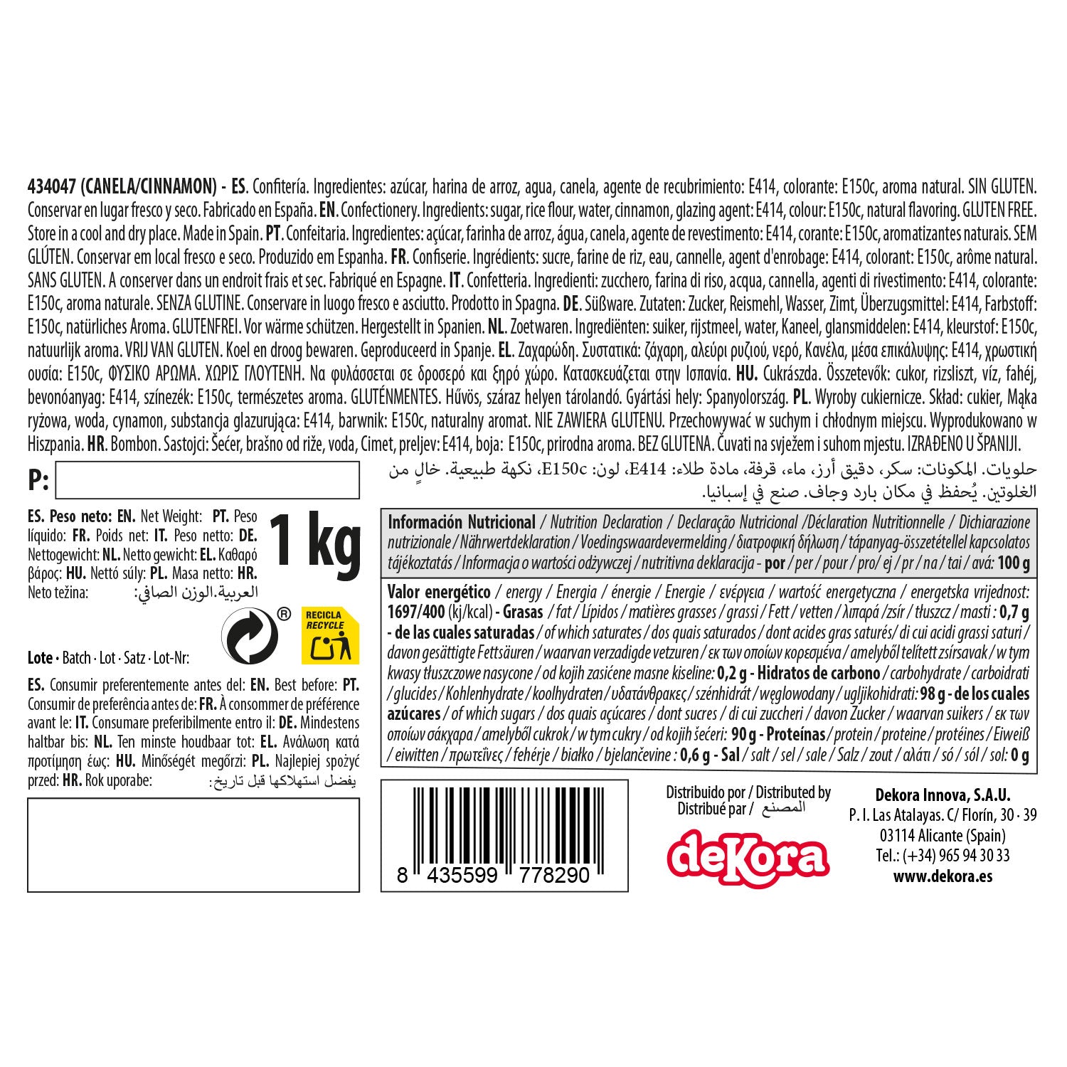 DEKOCRUNCHIES SABOR CANELA 1KG