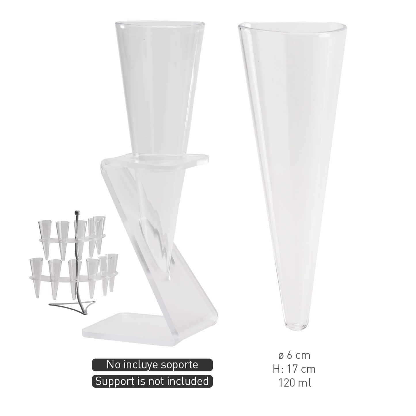 SET 20 CONOS EN PLÁSTICO TRANSPARENTES Ø6CM H17CM 120ML