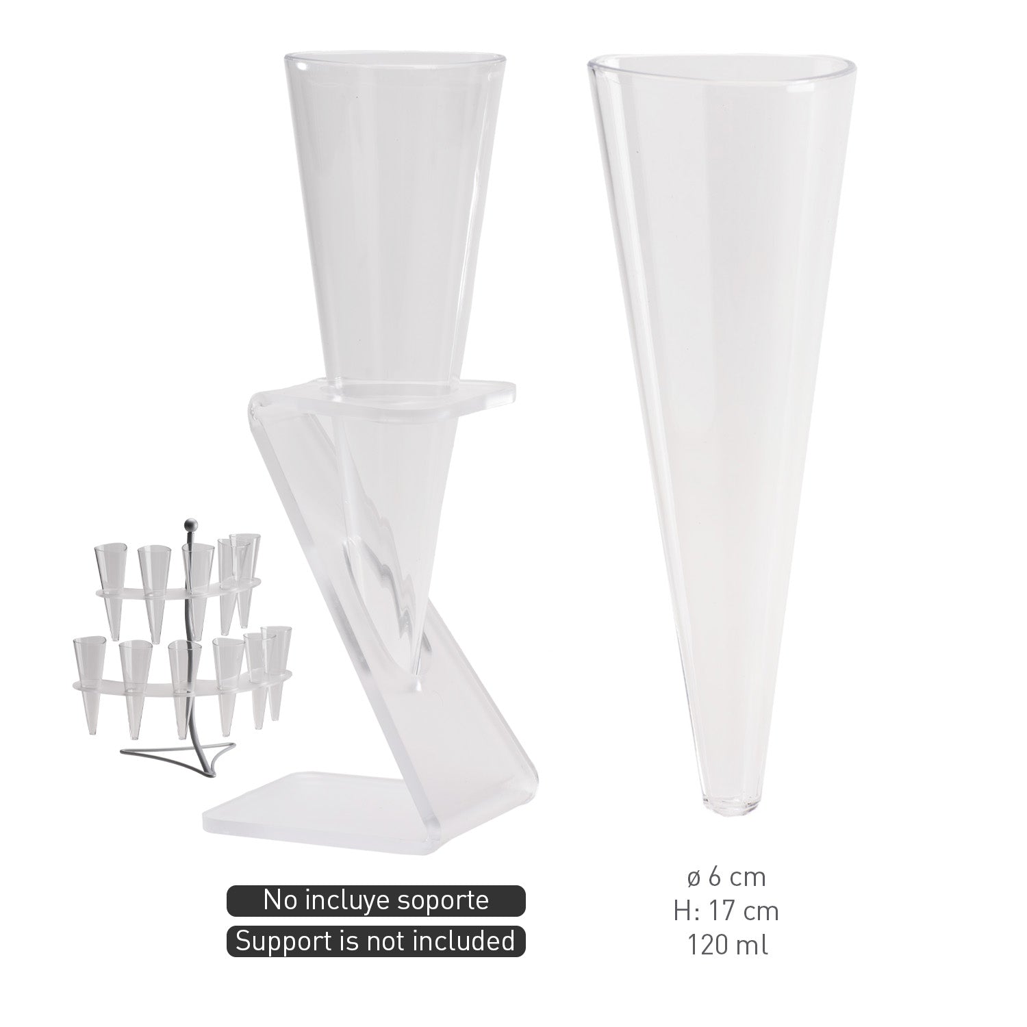 SET 20 CONOS EN PLÁSTICO TRANSPARENTES Ø6CM H17CM 120ML