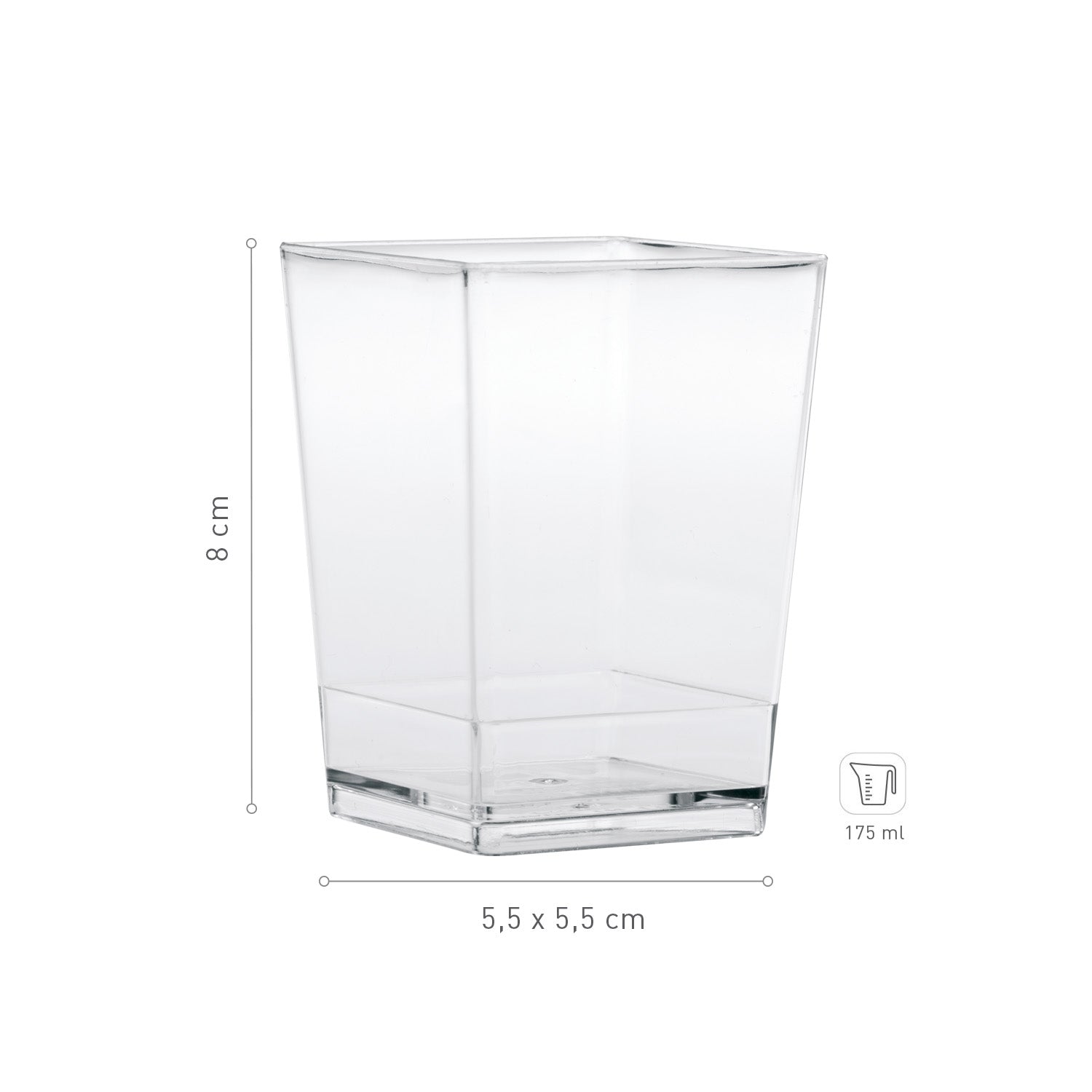 VASITO PLASTICO TRANSPARENTE SQUARE 55X55 H80MM | CAP. 175ML