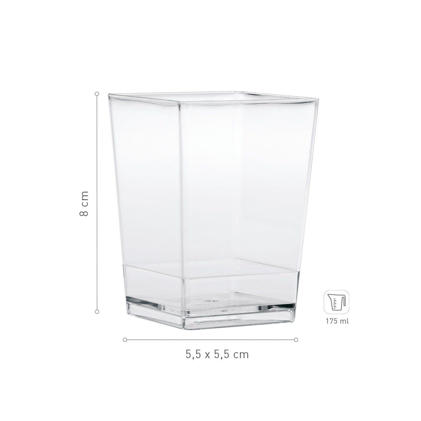 VASITO PLASTICO TRANSPARENTE SQUARE 55X55 H80MM | CAP. 175ML