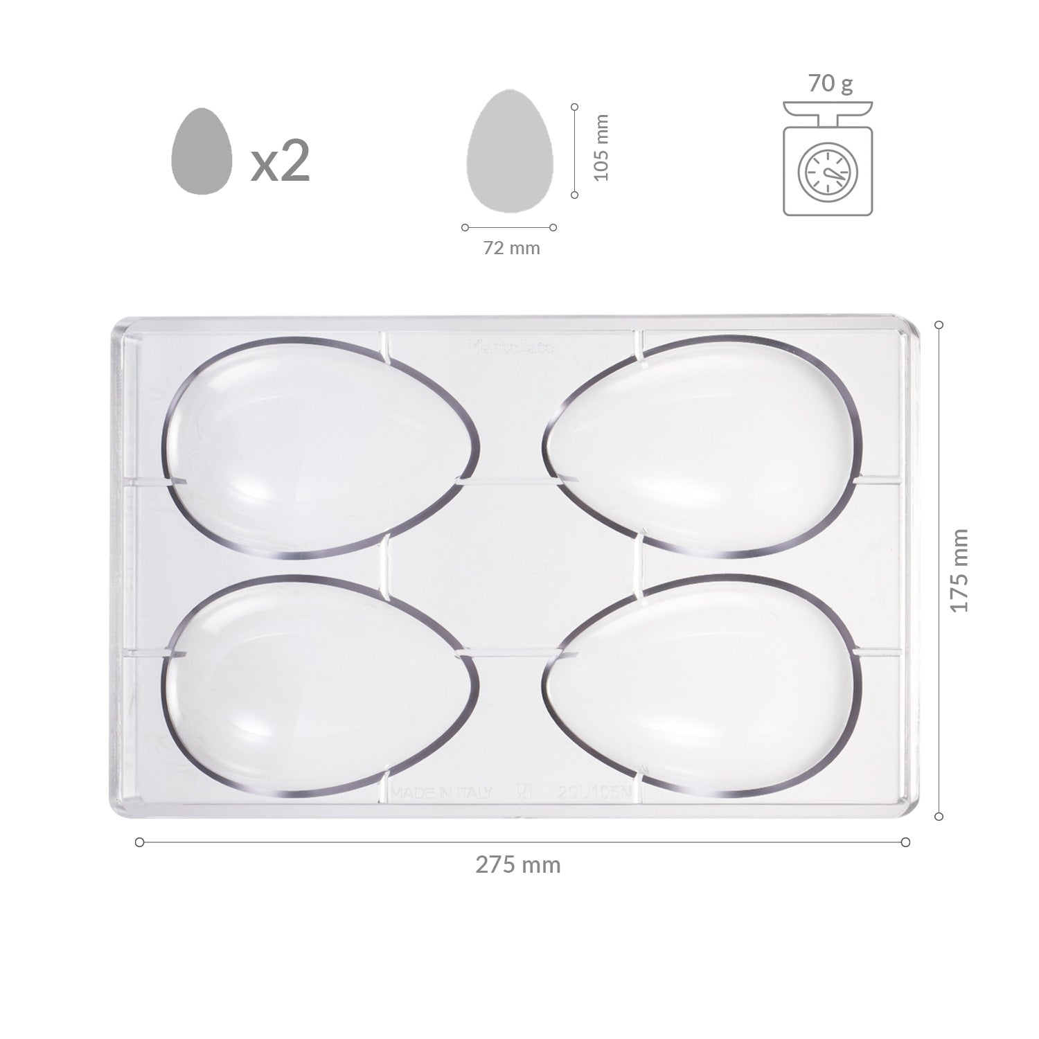 FORMA DE POLICARBONATO PARA 2 OVOS 70GR 72X105MM | 4 METADES