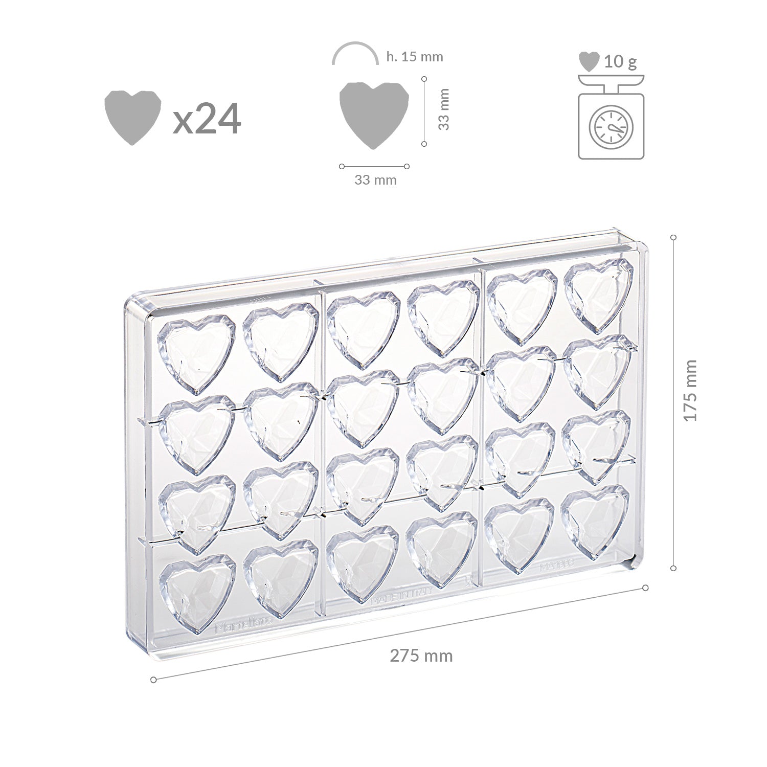 FORMA POLICARBONATO CORAÇÃO DIAMANTE 33X33H15MM | 24 PCS