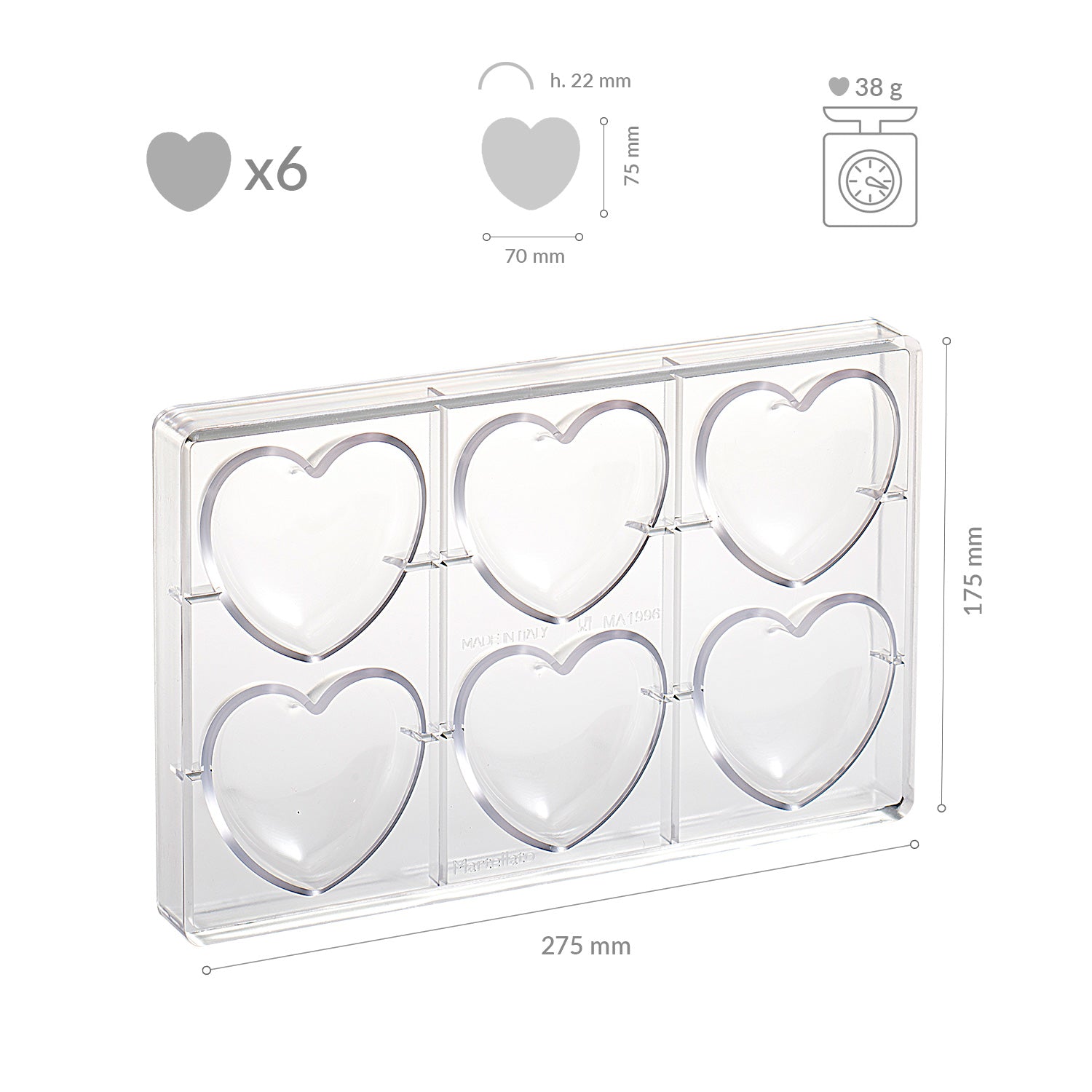 BIG HEART POLYCARBONATE MOLD 75X70H22MM | 6PCS