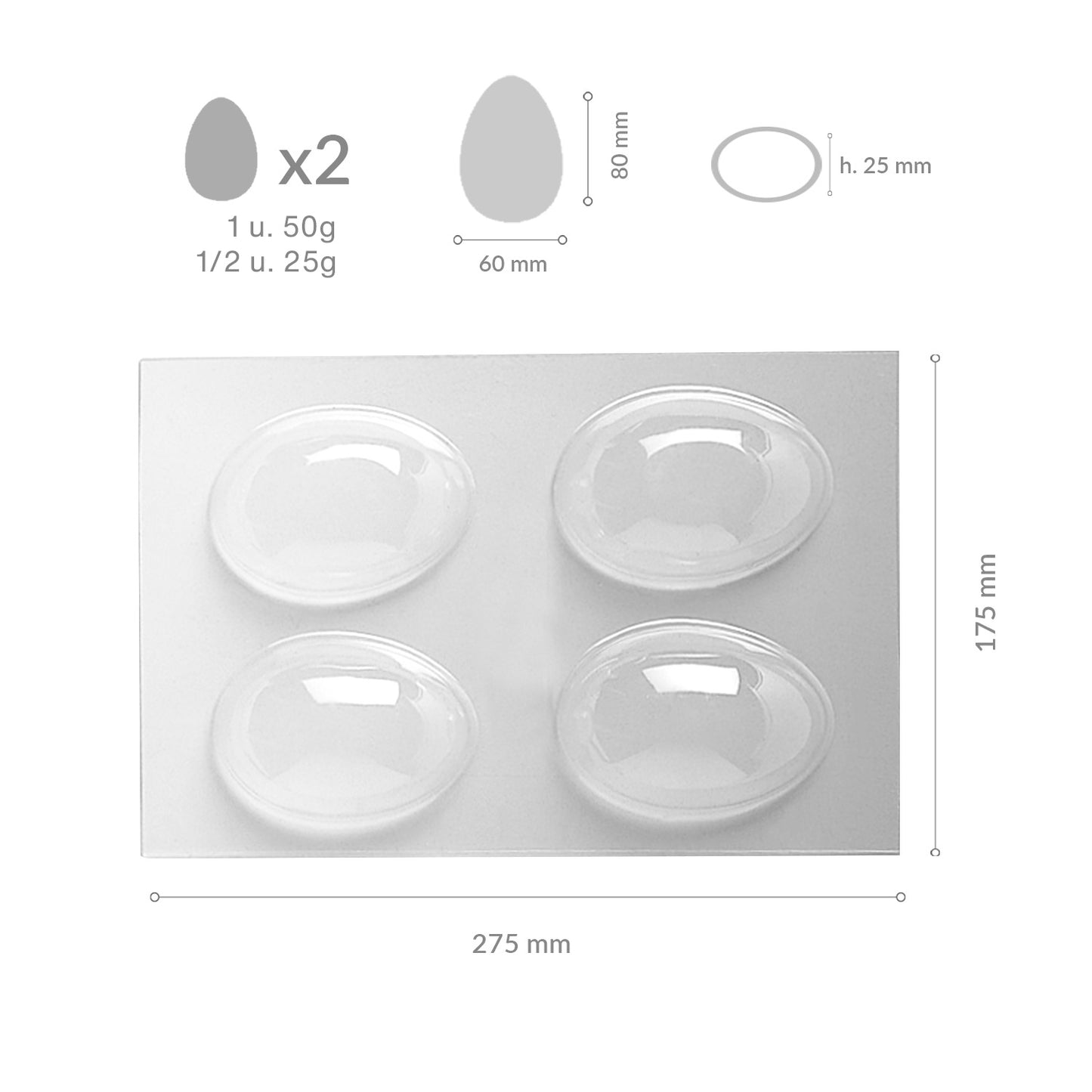 MOLDE PLÁSTICO TERMOFORMADO 2 HUEVOS 80X60H25MM | 4PCS