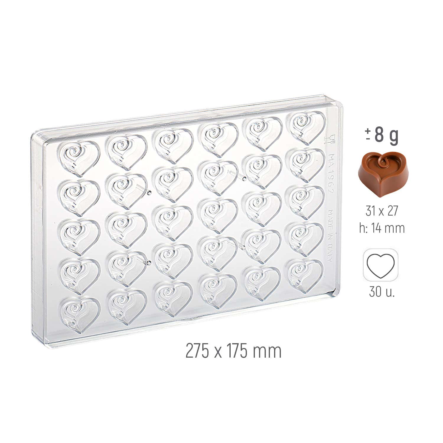 MOLDE POLICARBONATO PRALINÉ CORAZÓN RIZO 31X27XH14MM | 30U