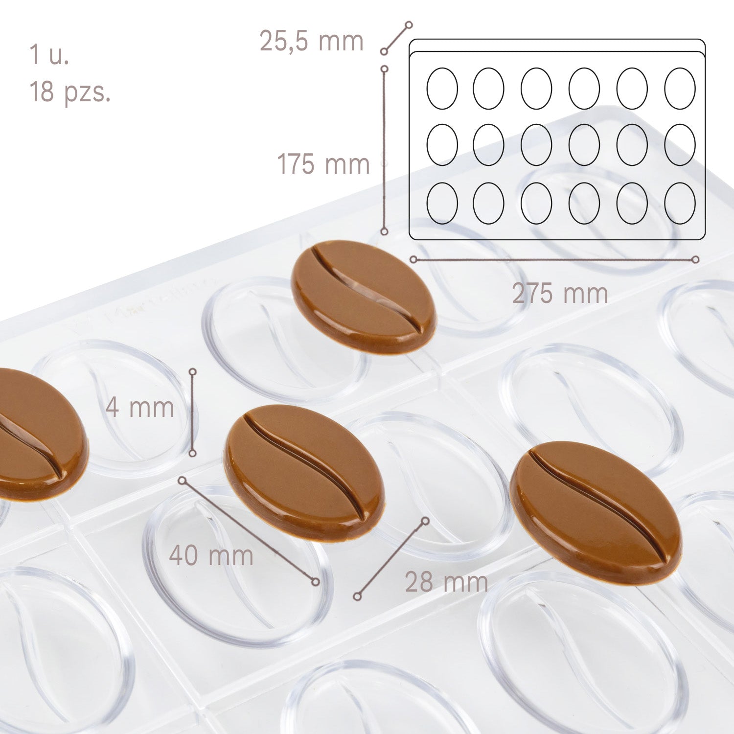  MOLDE DE POLICARBONATO GRÃO DE CAFÉ PLANO 275X175X25,5MM-18