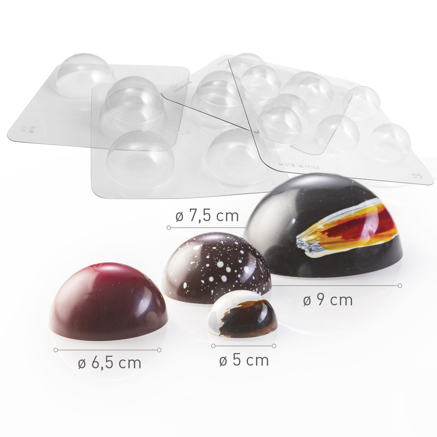 KIT 4 MOLDES TERMOFORMADORES MEIA ESFERA Ø 50 - 90MM