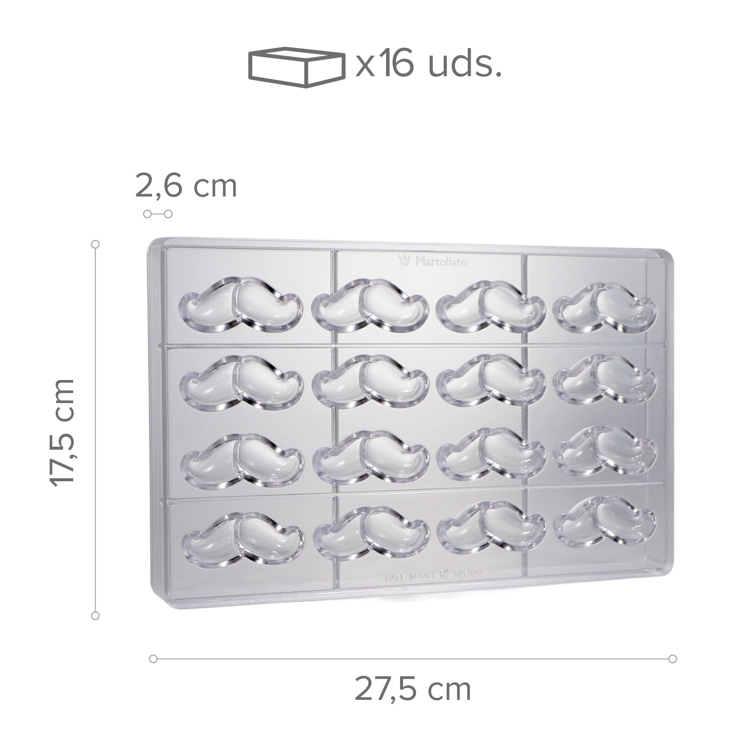 MOLDE DE BIGOTES DE POLICARBONATO - 16 PEÇAS - 275 x 175 x 2
