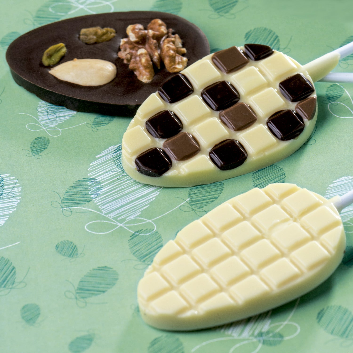 KIT 2 MOLDES PLÁSTICO PIRULETAS CHOCOLATE HUEVO 52X77XH9MM
