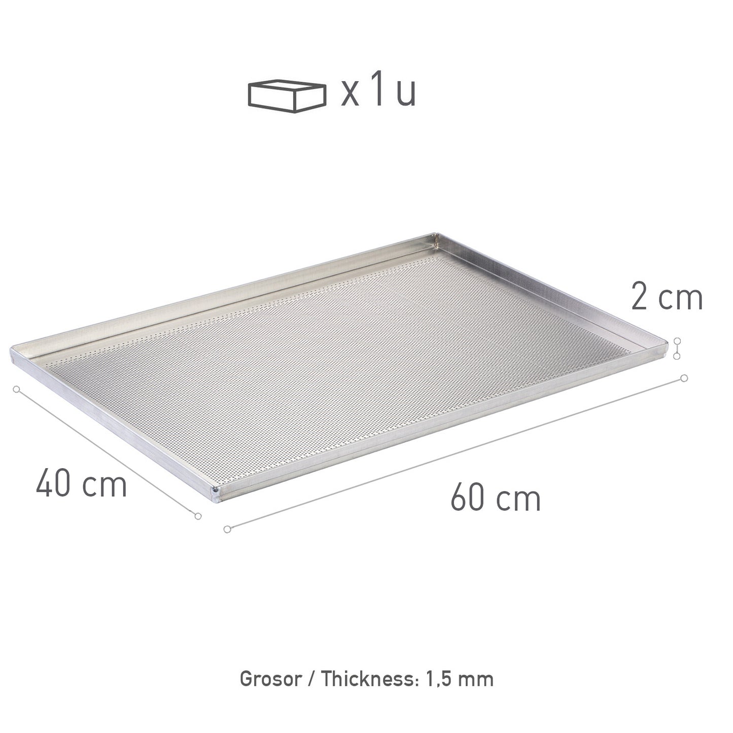 BANDEJA ALUMINIO PERFORADA 60X40H2CM - 4 BORDES 1.5MM GROSOR