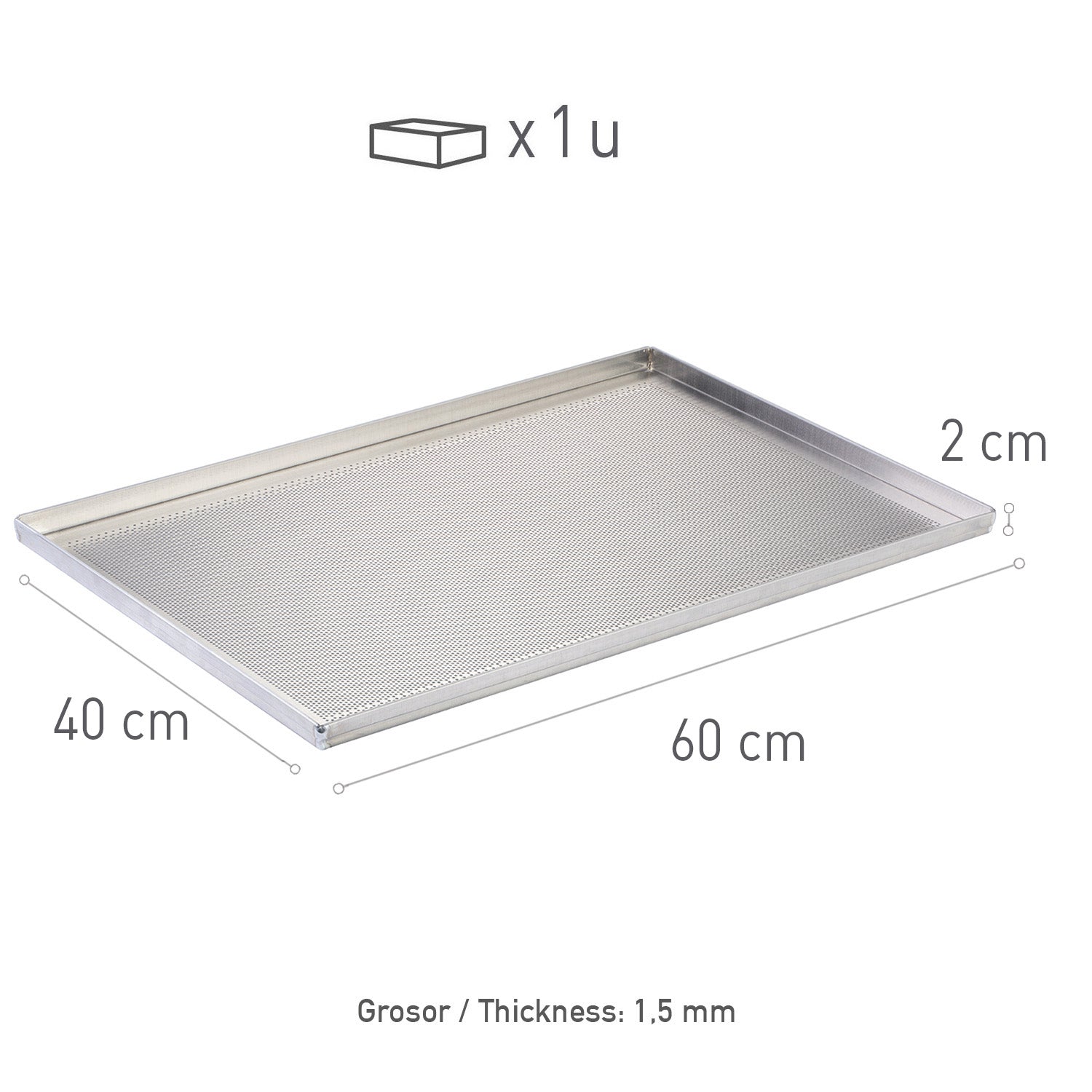 BANDEJA ALUMINIO PERFORADA 60X40H2CM - 4 BORDES 1.5MM GROSOR