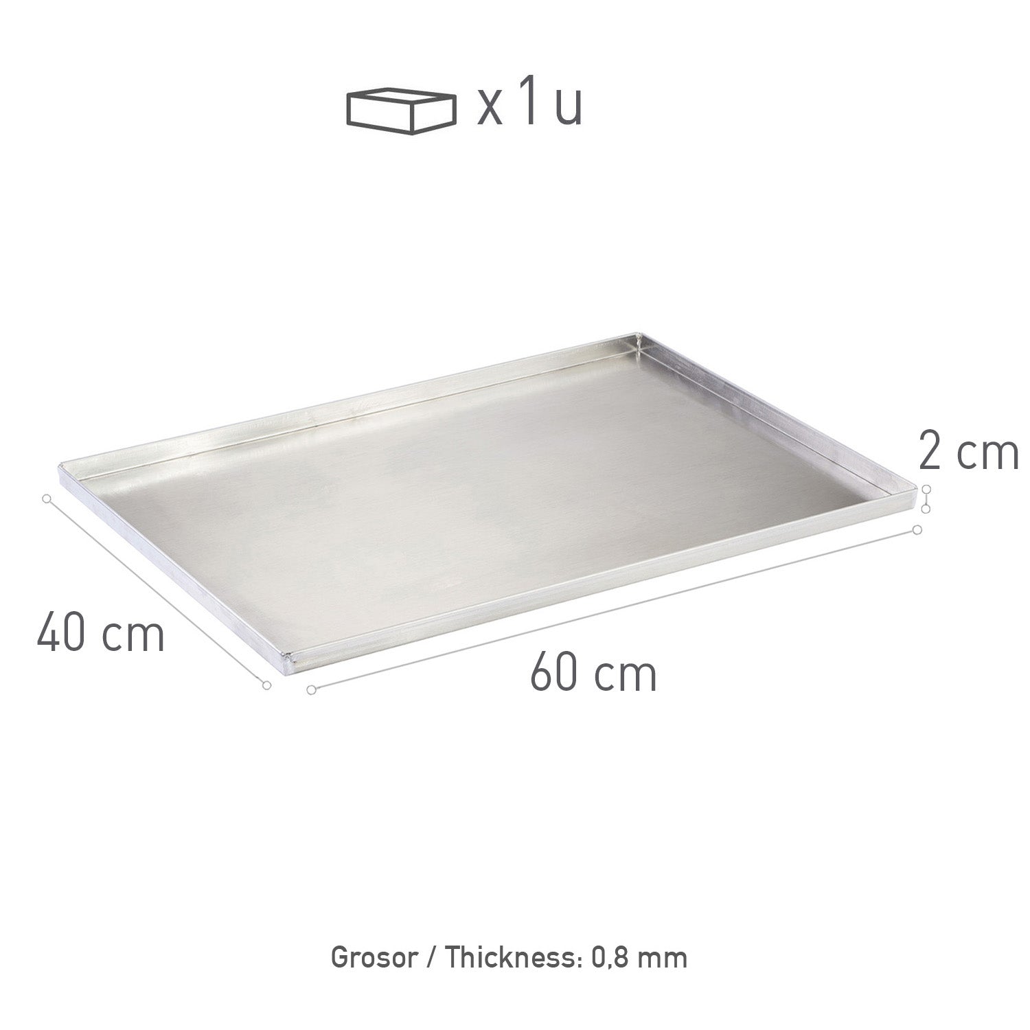 BANDEJA ALUMINIO 60X40H2CM - 4 BORDES 0.8MM GROSOR